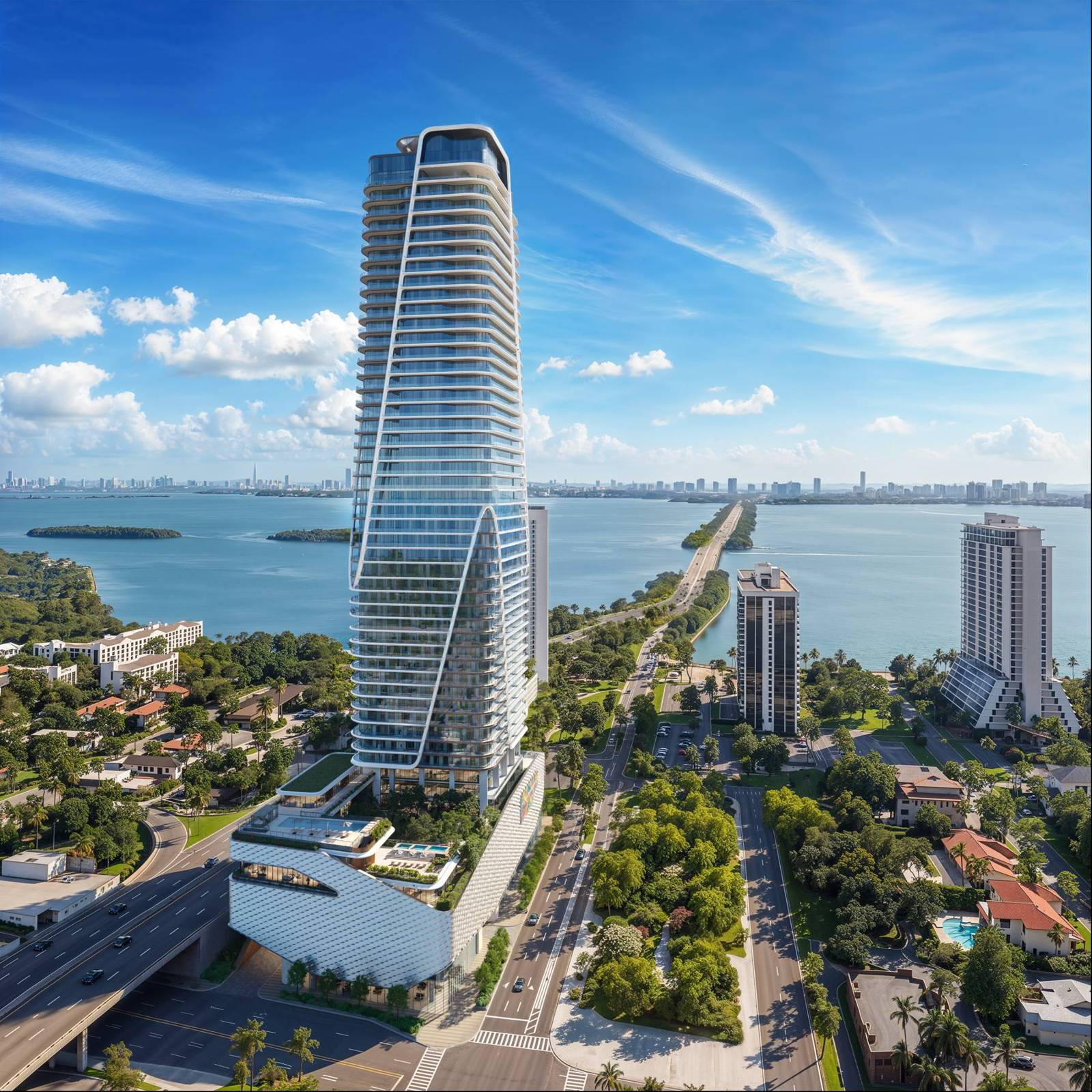 Aerial rendering of Anantara Miami tower above Biscayne Bay