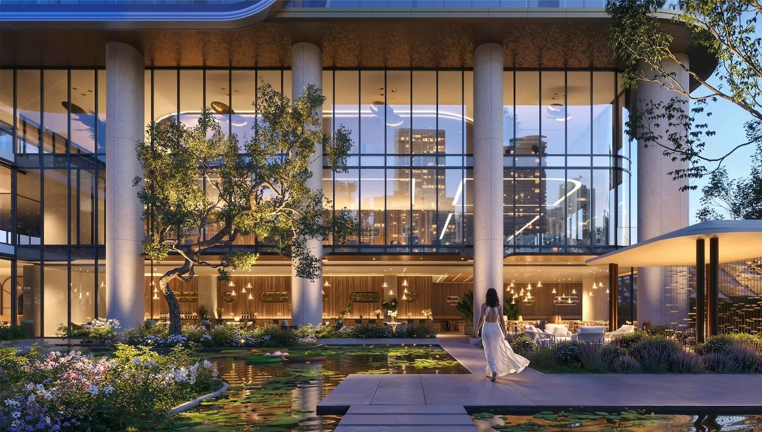 Anantara Miami, garden terrace at dusk